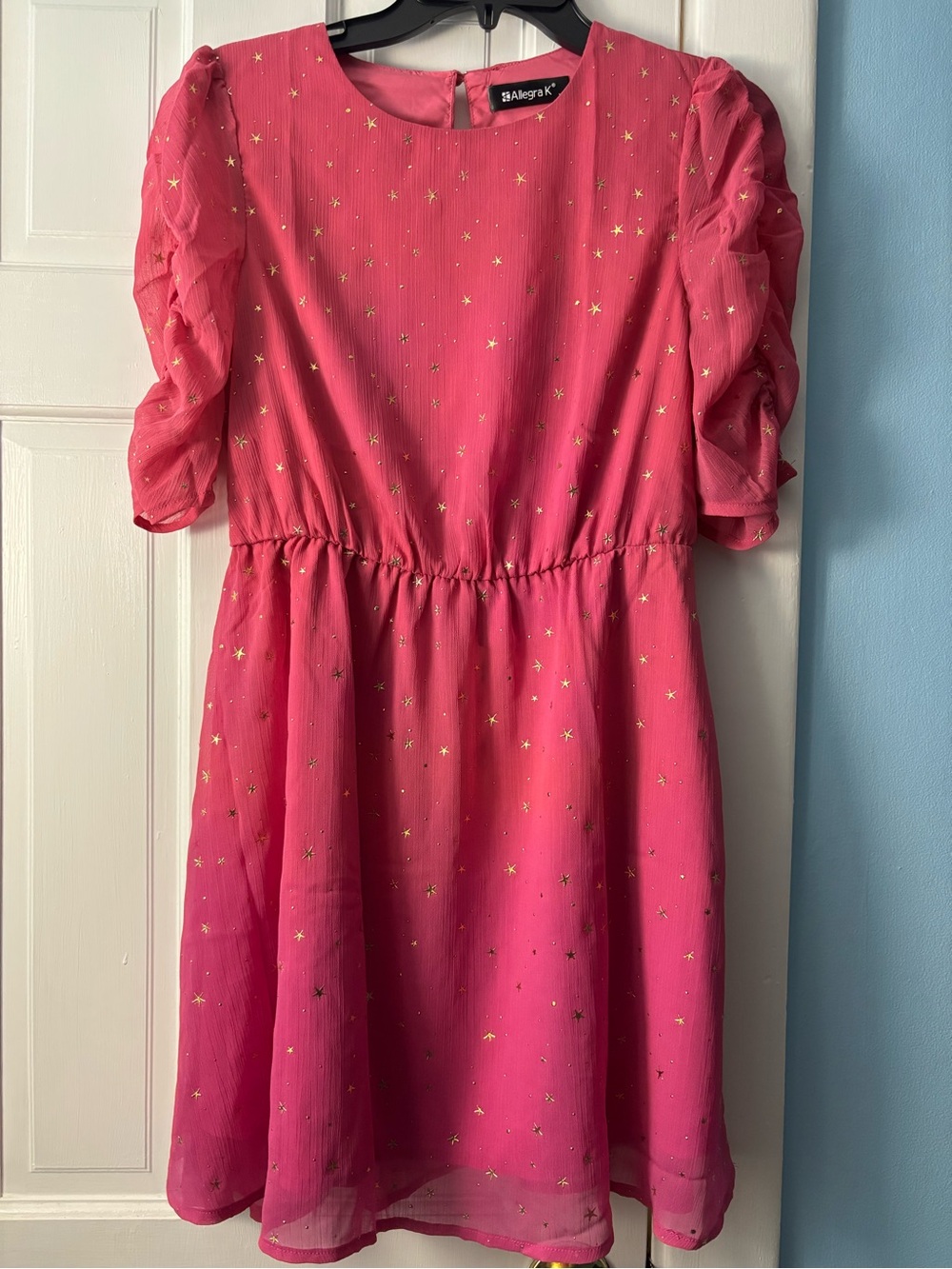 Allegra K Women’s Shiny Metallic Stars Short Sleeve Mini Party Dress Hot Pink